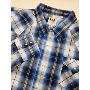Ely Cattleman Pearl Snap Shirt Men 3XB Blue Plaid Long Sleeve Western Big & Tall